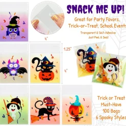Wrapables Transparent Self-Adhesive 4" x 4" Candy and Cookie Bags for Party Favors, Trick or Treating (100pcs), Halloween
