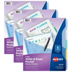 Write & Erase Durable Plastic Dividers with Pockets, 5-Tab Set, Multicolor, 3 Sets