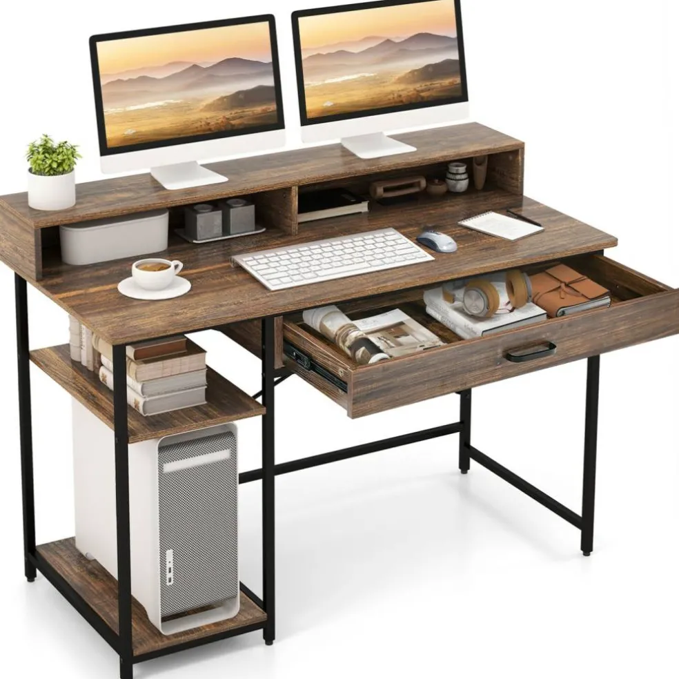 Writing Desk with Hutch, Drawer and Shelves, 42-inch Computer Desk with Power