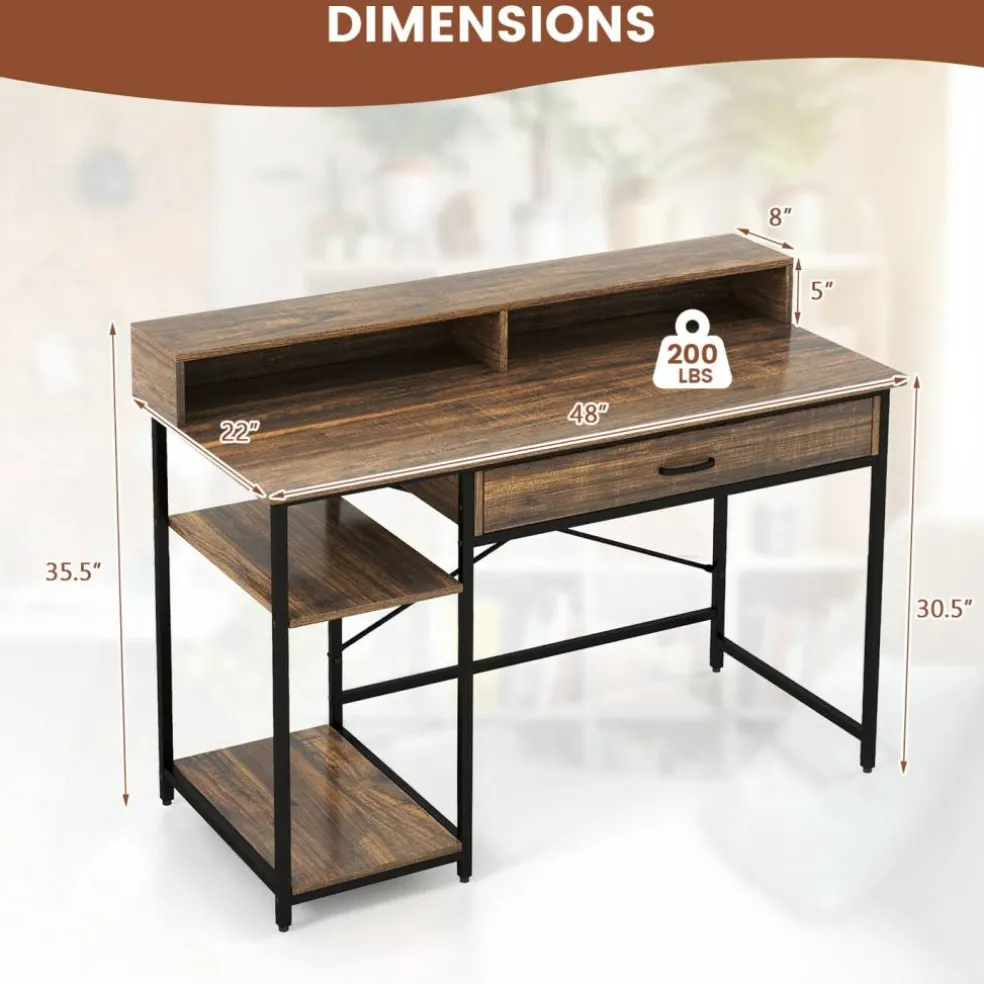 Writing Desk with Hutch, Drawer and Shelves, 42-inch Computer Desk with Power
