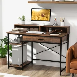 Writing Desk with Hutch, Drawer and Shelves, 42-inch Computer Desk with Power