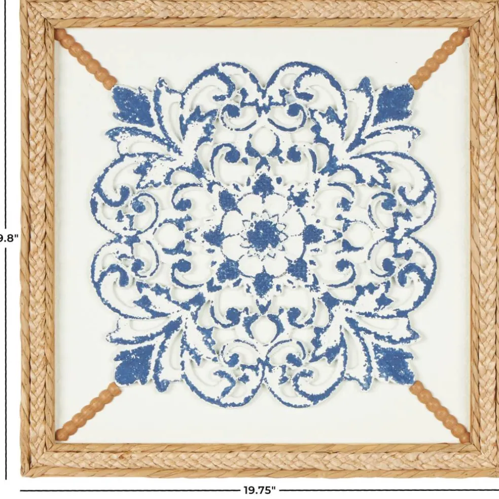 20" x 20" Blue Wood Floral Relief Wall Décor with Brown Woven Seagrass Frame