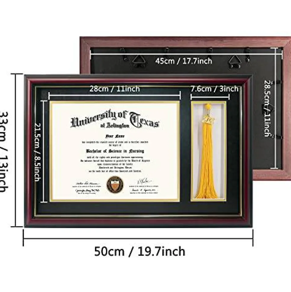 11x17 Cherry Wood Diploma Frame with Tassel Holder for 8.5x11 Certificate Document,Real Glass,Black Over Gold Mat