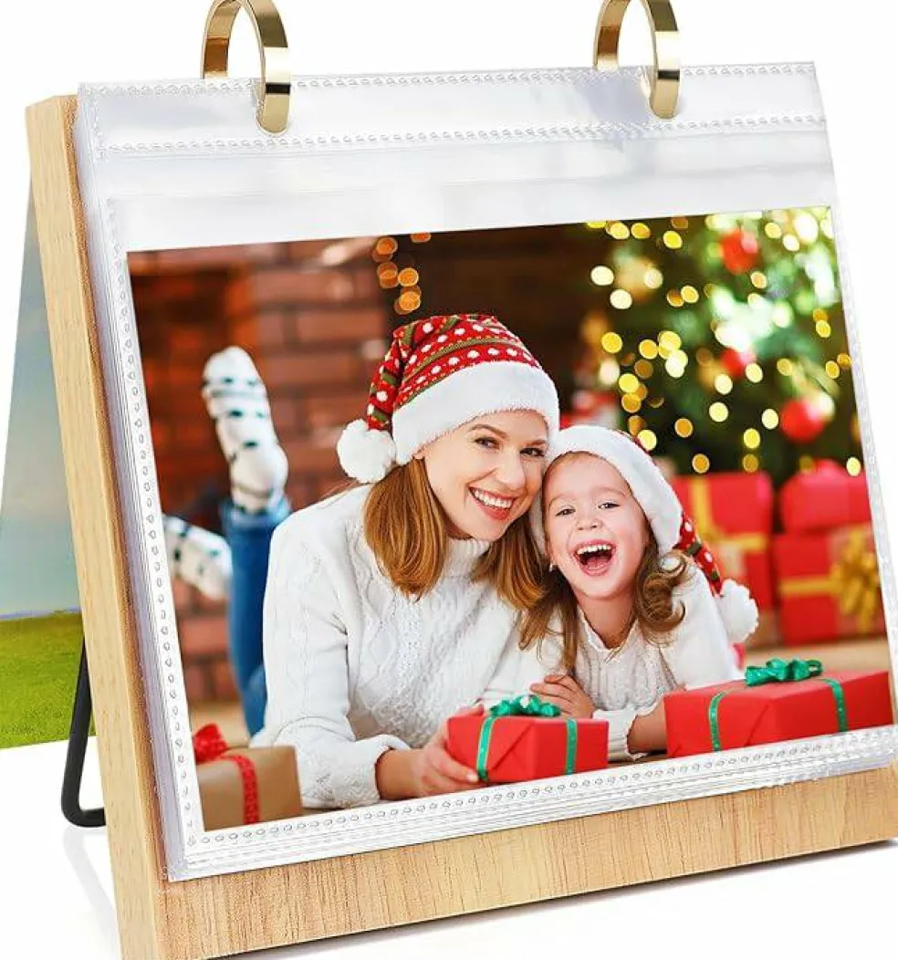 5x7 Desktop Flip Photo Album with Stand, Horizontal Tabletop Picture Display Album with 60 PVC Pockets, Wooden Base Metal Ring Photo Collection Frame for Home & Office Decor