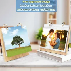 5x7 Desktop Flip Photo Album with Stand, Horizontal Tabletop Picture Display Album with 60 PVC Pockets, Wooden Base Metal Ring Photo Collection Frame for Home & Office Decor