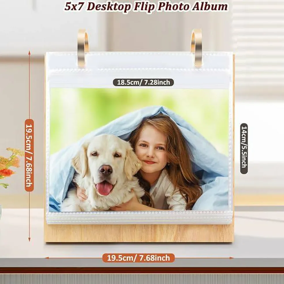 5x7 Desktop Flip Photo Album with Stand, Horizontal Tabletop Picture Display Album with 60 PVC Pockets, Wooden Base Metal Ring Photo Collection Frame for Home & Office Decor