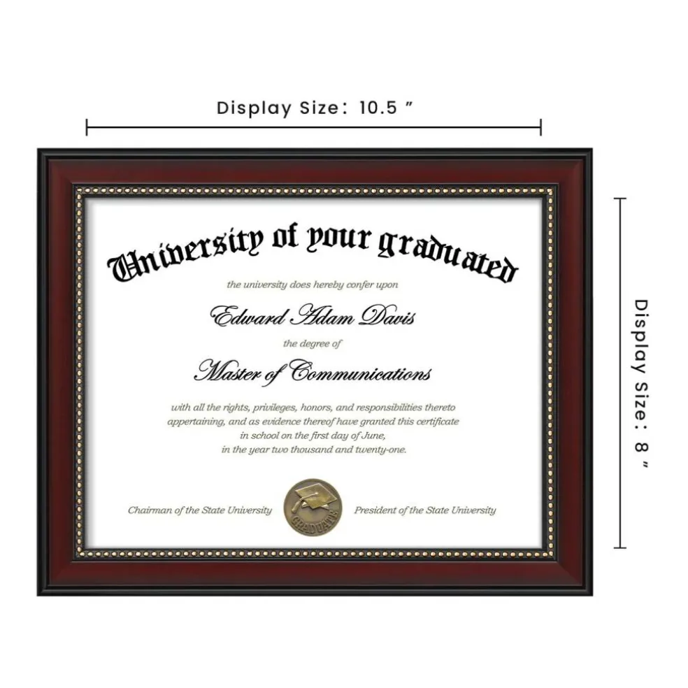 8.5x11 Diploma Certificate Frame with High Definition Glass, Degree Document Frame for Wall and Tabletop, Mahogany with Gold Beads, 1 Pack