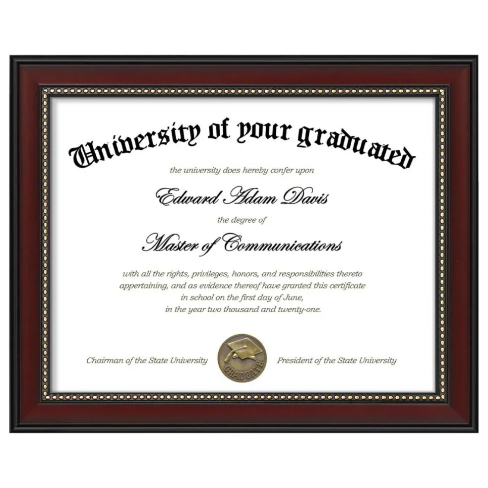 8.5x11 Diploma Certificate Frame with High Definition Glass, Degree Document Frame for Wall and Tabletop, Mahogany with Gold Beads, 1 Pack