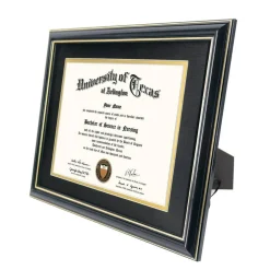 8.5x11 Diploma Frame with Black over Gold Mat or Display 11x14 Certificate without Mat,Solid Wood & Tempered Glass,Glossy Black Finish with Gold Trim