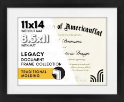 11x14 Diploma Frame with Shatter-Resistant Glass - Use as 8.5x11 Frame with Mat or 11x14 Frame without Mat - Legacy Collection - Thin Picture Frame for Wall Display - Black