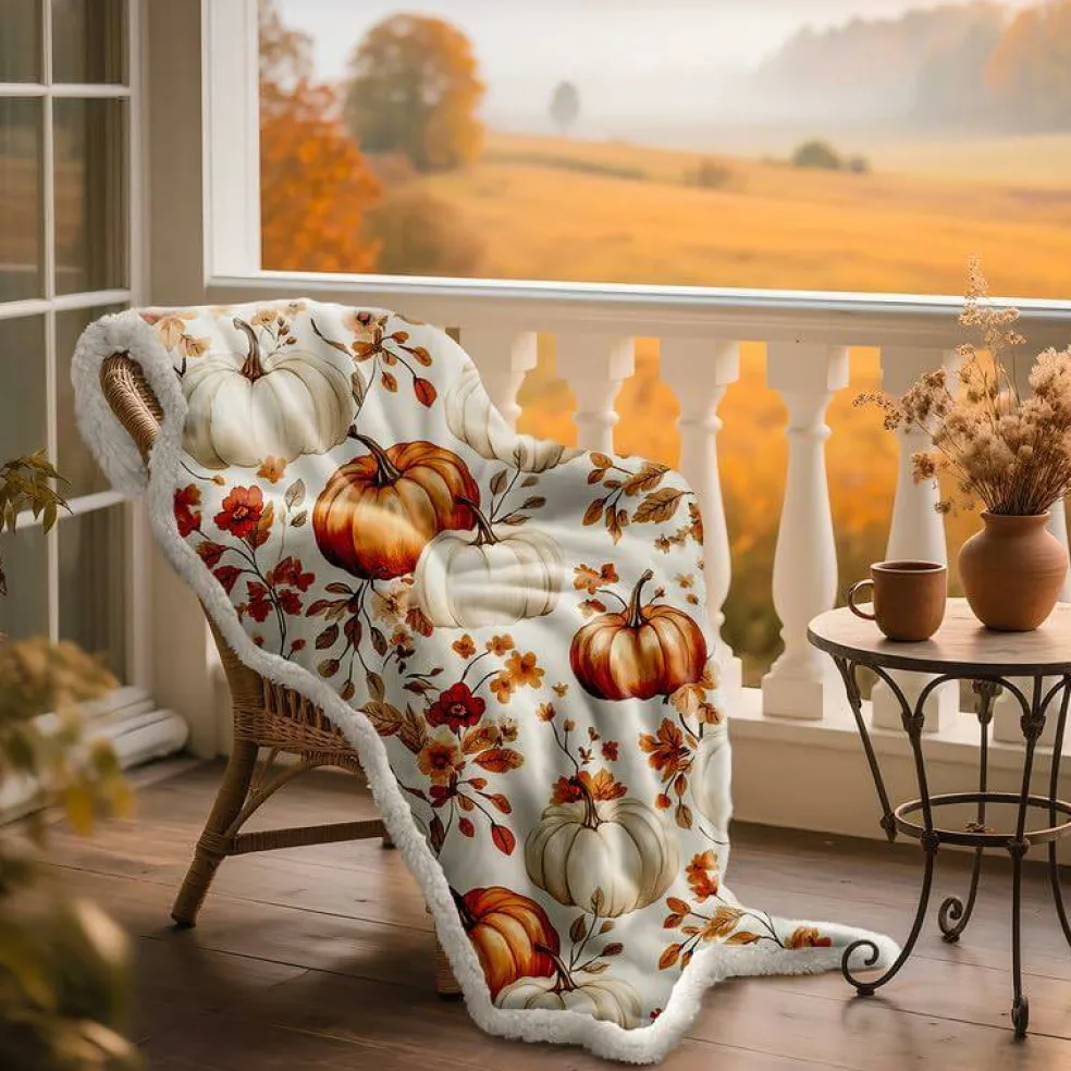 50x60 Fall Pumpkin Flannel Throw Blanket Soft Warm Fleece for Couch Bed