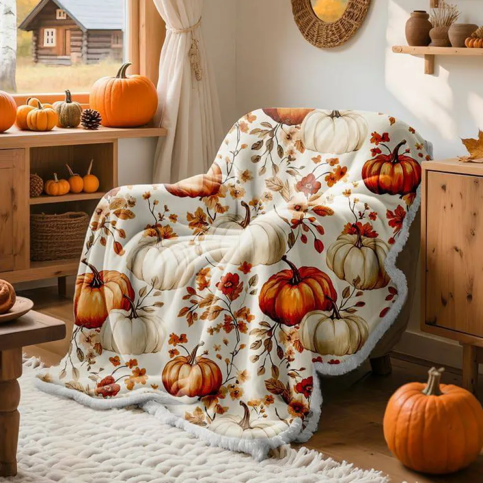 50x60 Fall Pumpkin Flannel Throw Blanket Soft Warm Fleece for Couch Bed