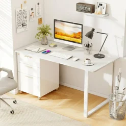 55 x 28 Inch Desk Tabletop, Rectangle Desktop Replacement with 2 Cable Holes, 1-Inch-Thick Work Surface for Sit to Stand Desk, White