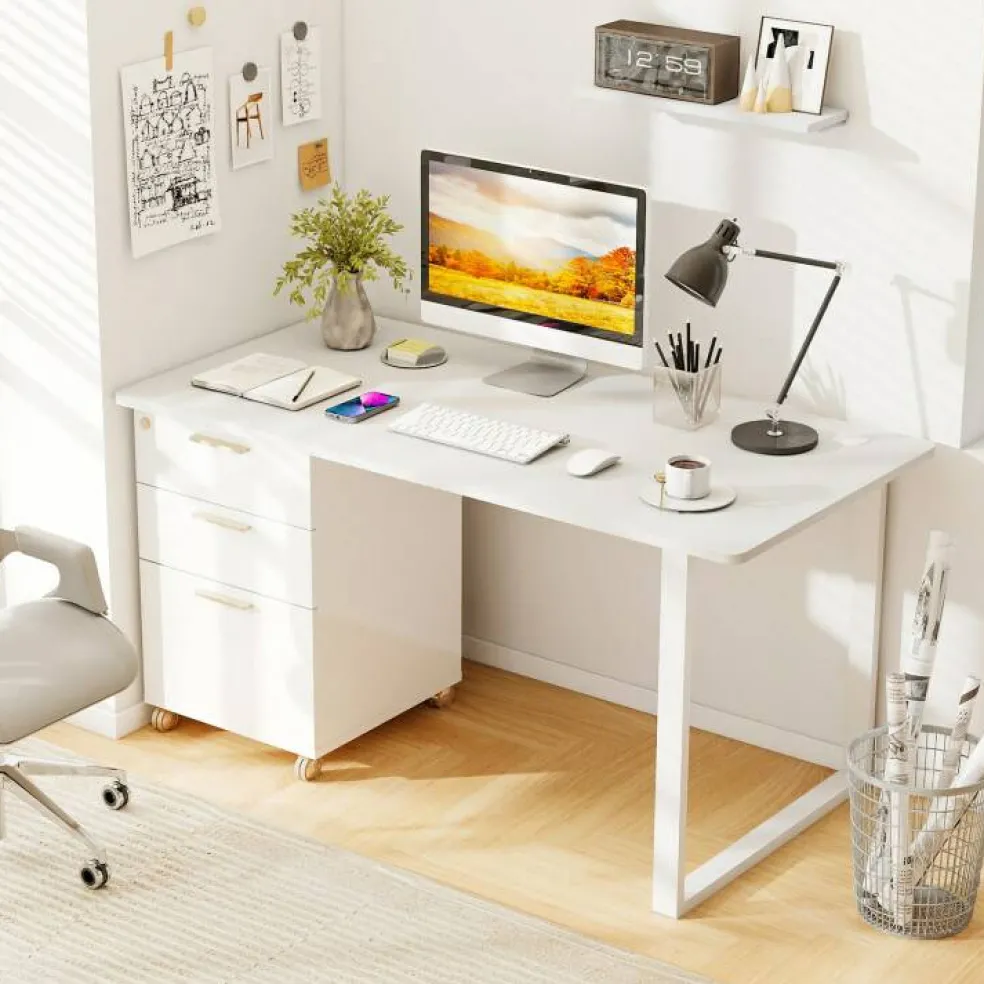 55 x 28 Inch Desk Tabletop, Rectangle Desktop Replacement with 2 Cable Holes, 1-Inch-Thick Work Surface for Sit to Stand Desk, White