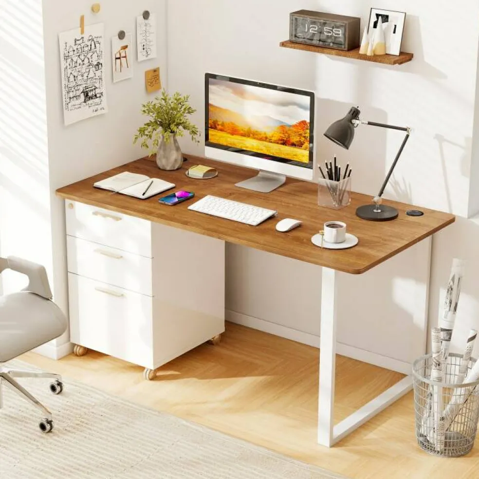 55 x 28 Inch Desk Tabletop, Rectangle Desktop Replacement with 2 Cable Holes, 1-Inch-Thick Work Surface for Sit to Stand Desk, White