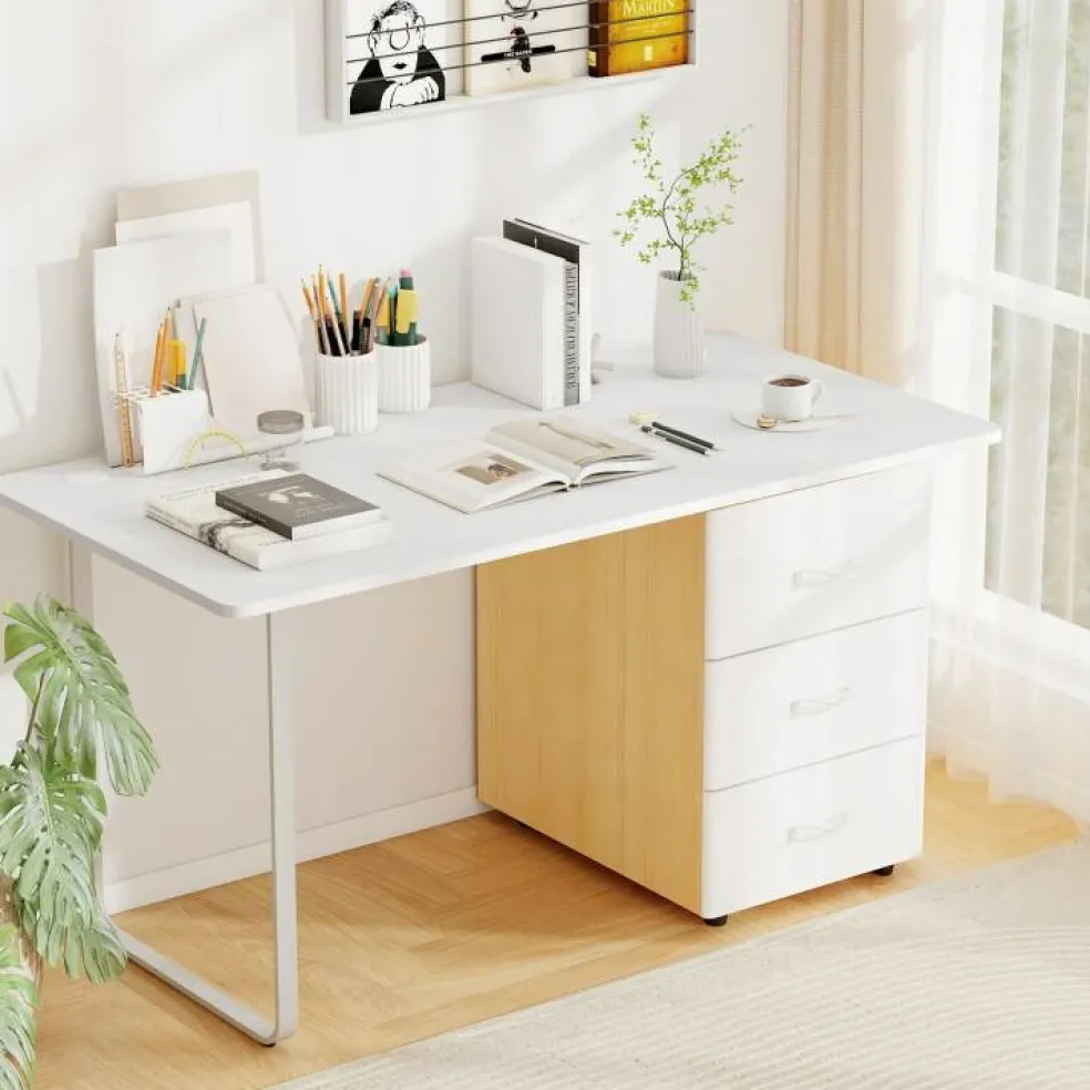 55 x 28 Inch Desk Tabletop, Rectangle Desktop Replacement with 2 Cable Holes, 1-Inch-Thick Work Surface for Sit to Stand Desk, White