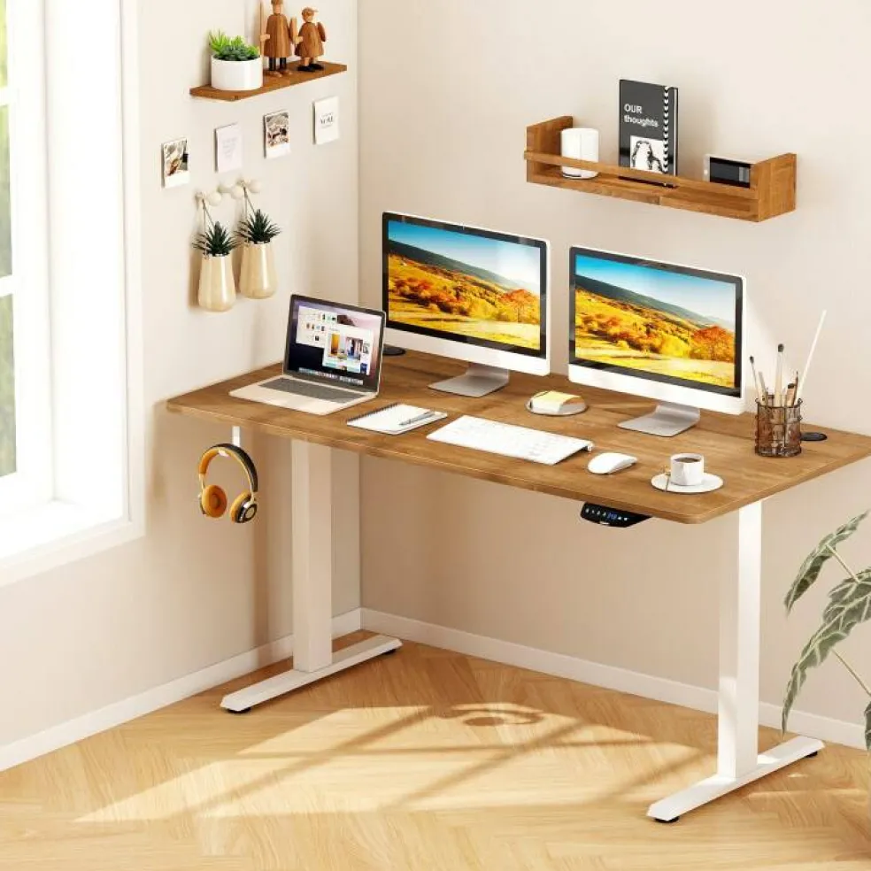 55 x 28 Inch Desk Tabletop, Rectangle Desktop Replacement with 2 Cable Holes, 1-Inch-Thick Work Surface for Sit to Stand Desk, White