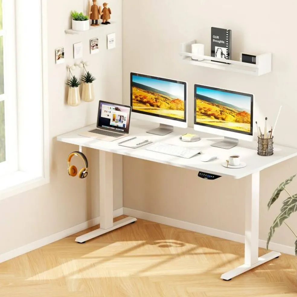 55 x 28 Inch Desk Tabletop, Rectangle Desktop Replacement with 2 Cable Holes, 1-Inch-Thick Work Surface for Sit to Stand Desk, White