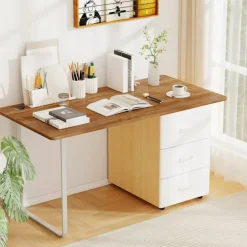 55 x 28 Inch Desk Tabletop, Rectangle Desktop Replacement with 2 Cable Holes, 1-Inch-Thick Work Surface for Sit to Stand Desk, White
