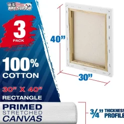 30 x 40 inch Stretched Canvas 12-Ounce Triple Primed, 3-Pack - Professional Artist Quality White Blank 3/4" Profile, 100% Cotton, Heavy-Weight Gesso