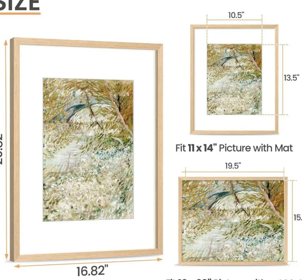 16x20 Natural Solid Wood Picture Frame – Fits 11x14 with Mat or 16x20 Without Mat – Rustic Wooden Wall Hanging Frame – Vertical & Horizontal Display – 1 Pack