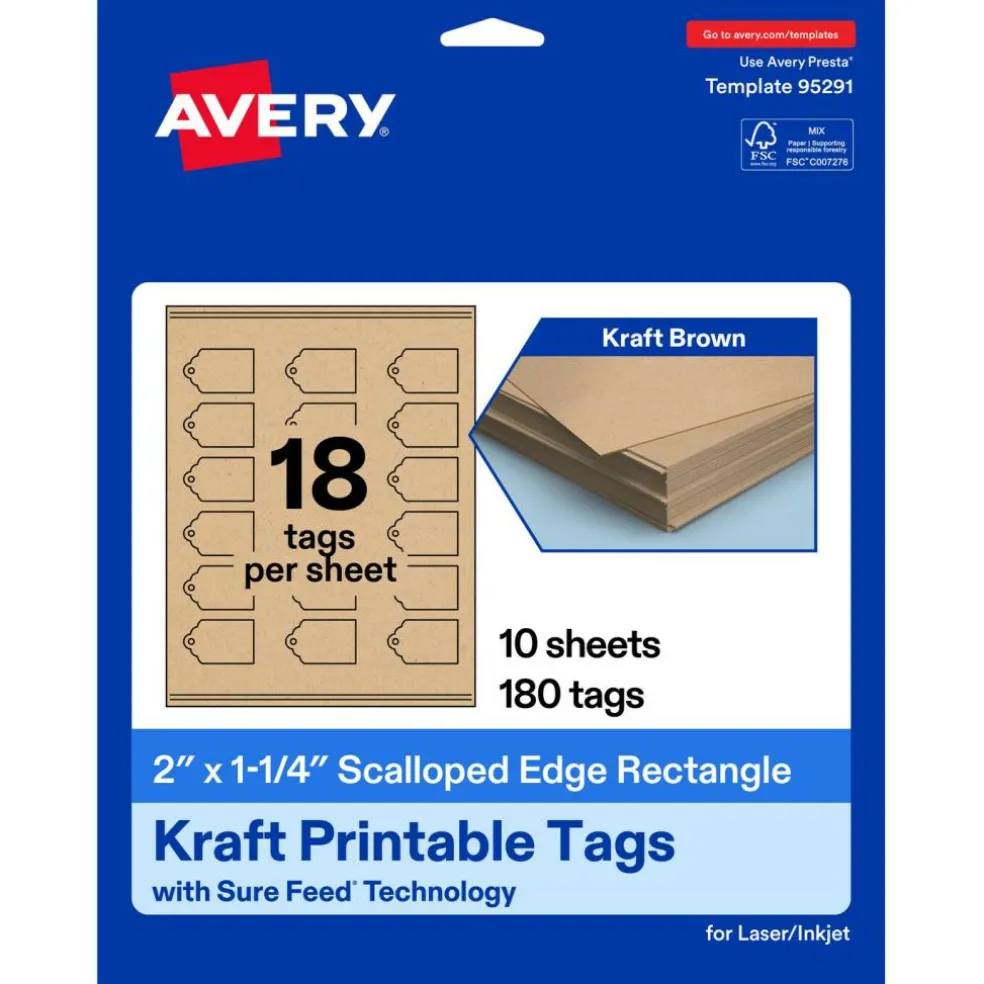 2" x 1-1/4" Rectangle Scalloped Edge, Kraft Brown Printable Tags