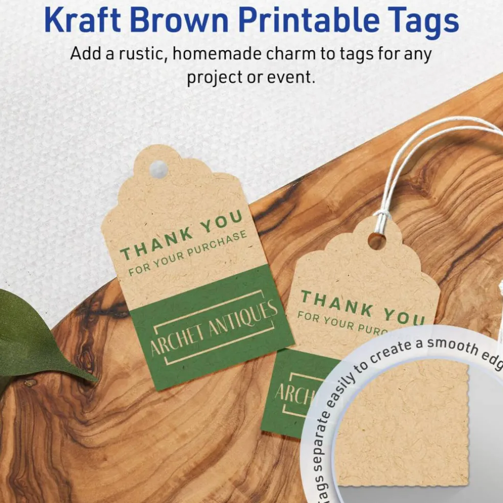 2" x 1-1/4" Rectangle Scalloped Edge, Kraft Brown Printable Tags