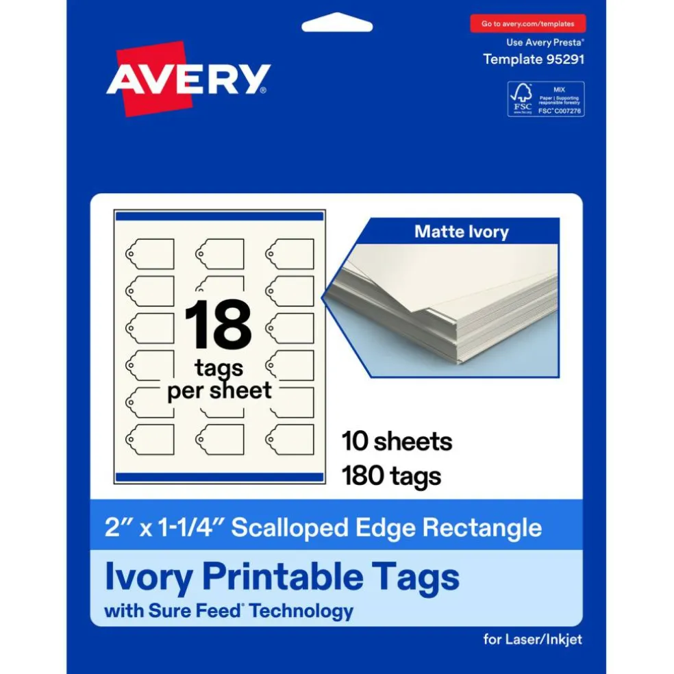 2" x 1-1/4" Rectangle Scalloped Edge, Matte Ivory Printable Tags