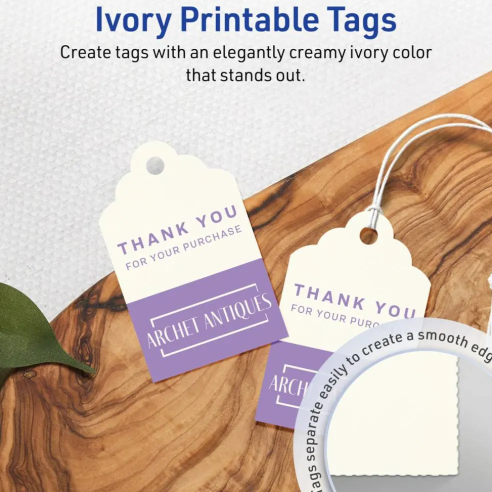 2" x 1-1/4" Rectangle Scalloped Edge, Matte Ivory Printable Tags