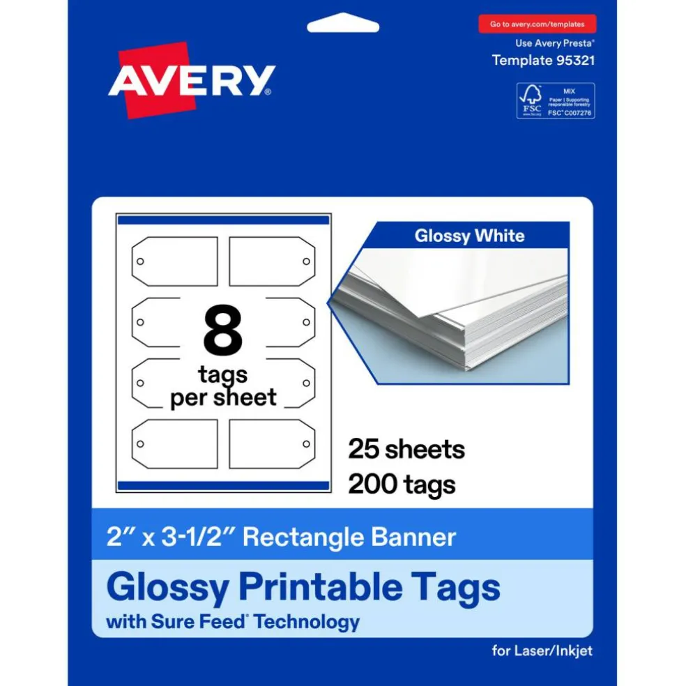 2" x 3-1/2" Rectangular Banner, Glossy White Printable Tags