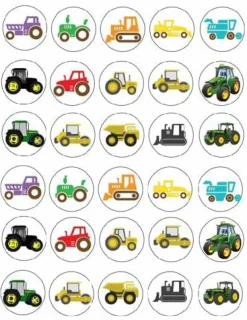 30 x Tractors Themed Edible Cupcake Toppers | Uncut on Wafer Sheet- Qty 30-1.5” each