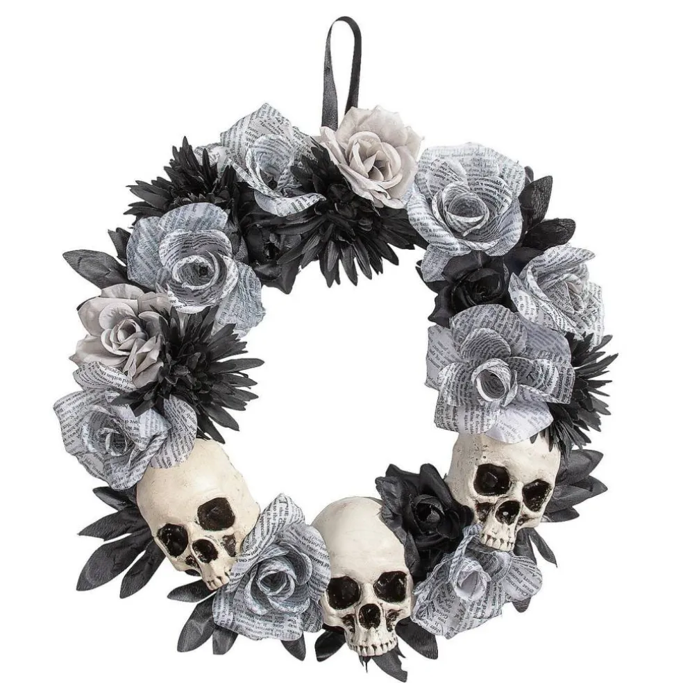 17 1/2" x 17 1/2" White Roses Wreath with Skulls for Wall Displays