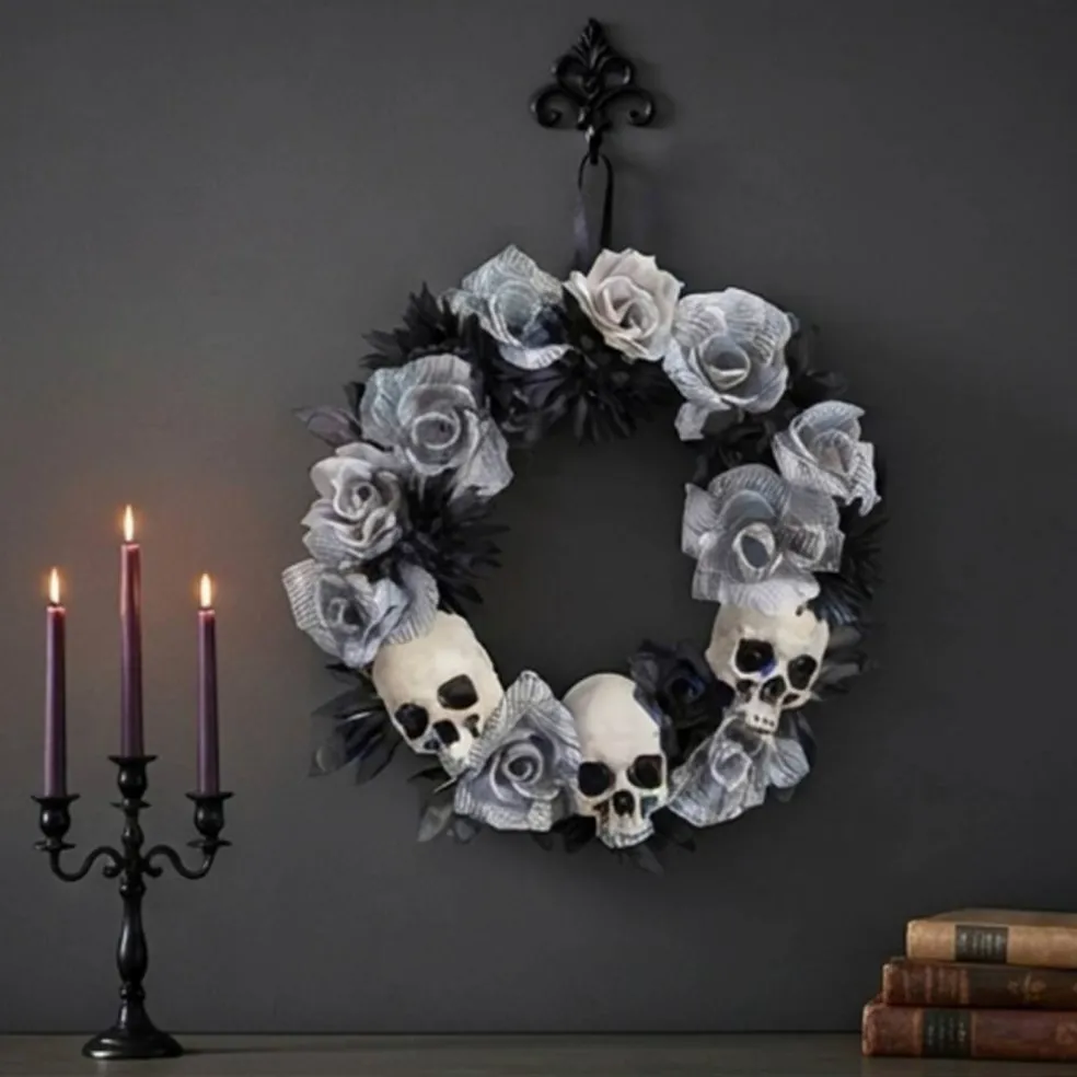 17 1/2" x 17 1/2" White Roses Wreath with Skulls for Wall Displays