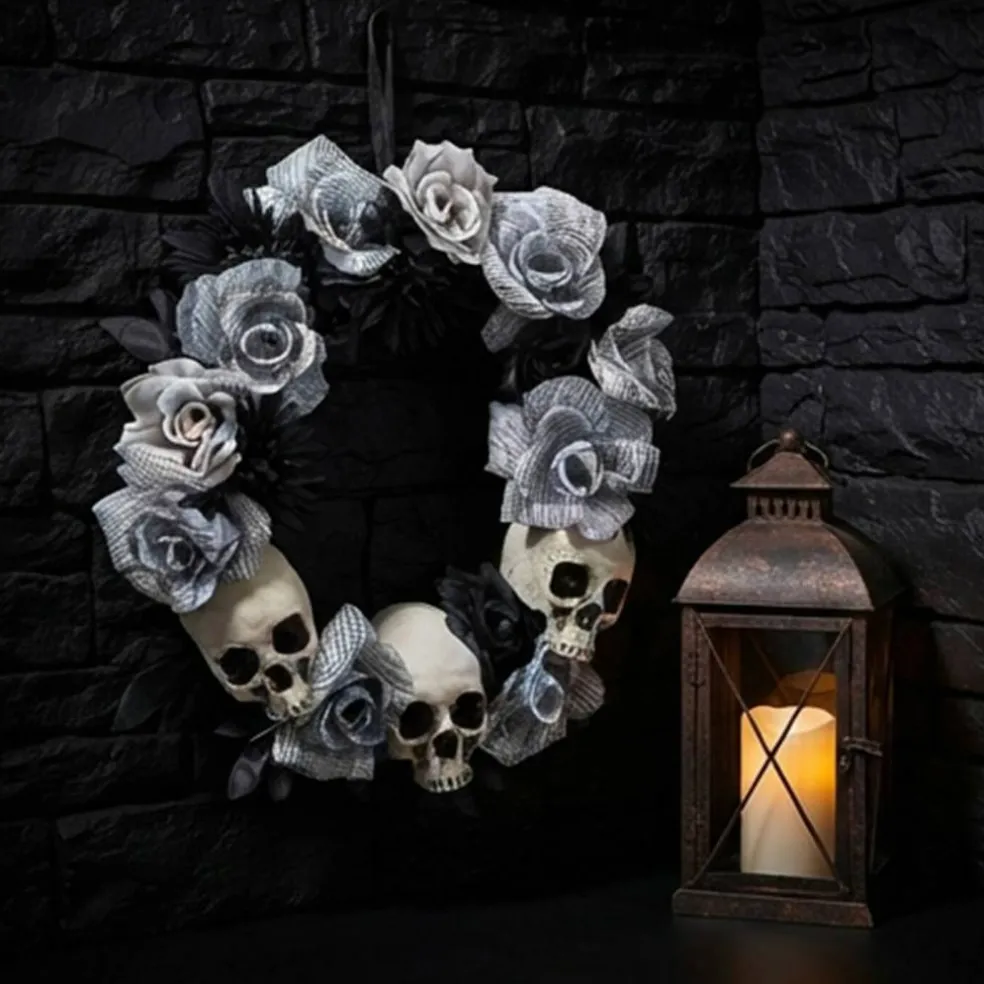 17 1/2" x 17 1/2" White Roses Wreath with Skulls for Wall Displays