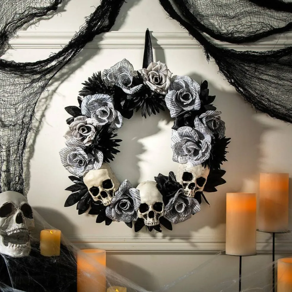 17 1/2" x 17 1/2" White Roses Wreath with Skulls for Wall Displays