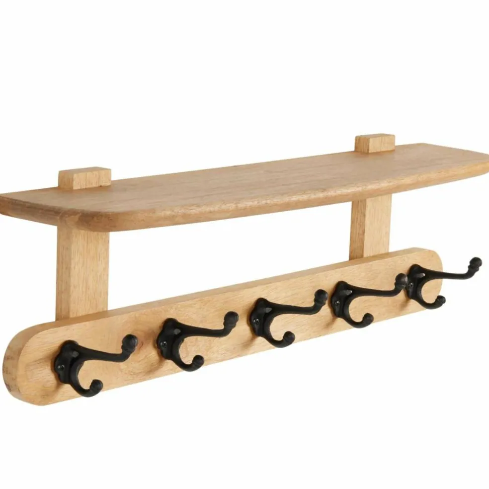 25.5" x 6" x 8" Brown Handmade Mango Wood Single Shelf with 5 Hooks