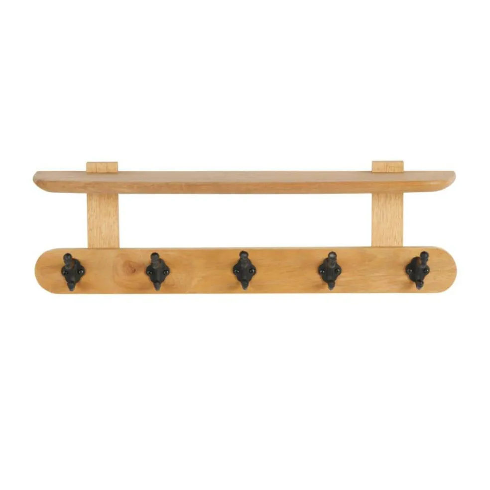 25.5" x 6" x 8" Brown Handmade Mango Wood Single Shelf with 5 Hooks