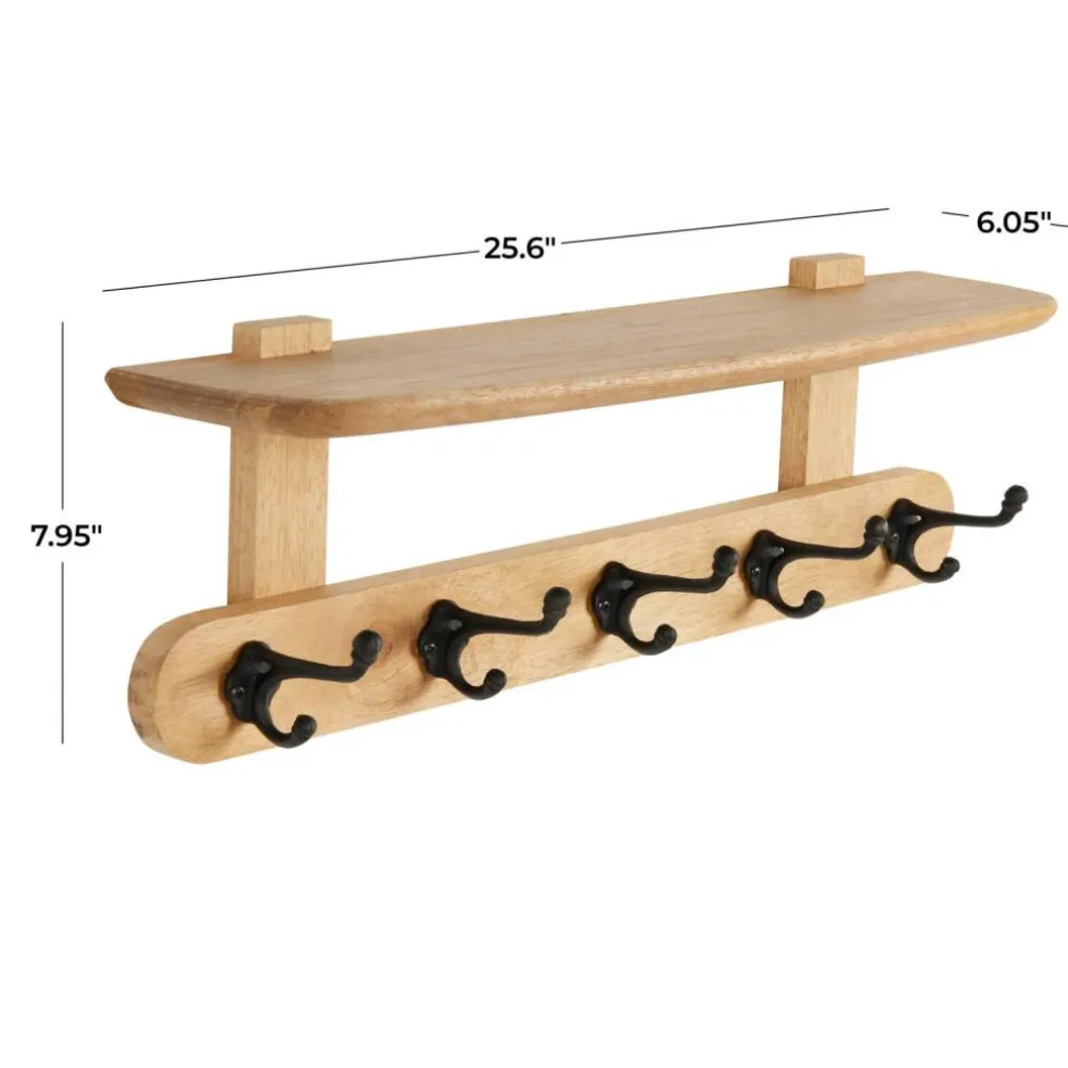 25.5" x 6" x 8" Brown Handmade Mango Wood Single Shelf with 5 Hooks