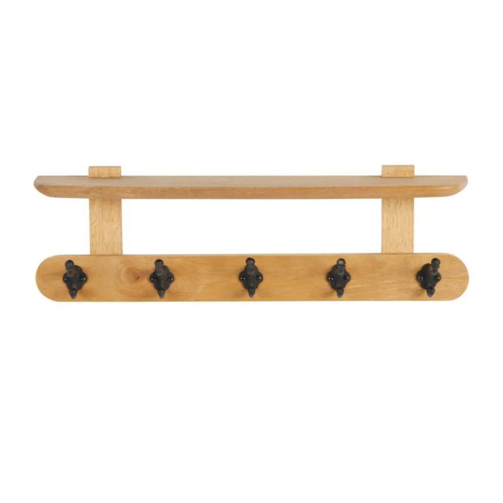 25.5" x 6" x 8" Brown Handmade Mango Wood Single Shelf with 5 Hooks