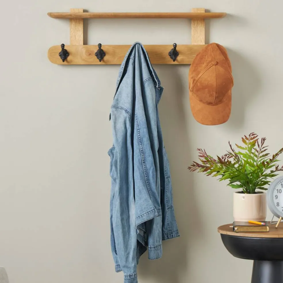 25.5" x 6" x 8" Brown Handmade Mango Wood Single Shelf with 5 Hooks
