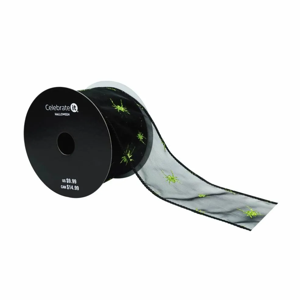 2.5" x 6.6yd. Black & Green Glitter Spiders Wired Sheer Ribbon by Celebrate It®