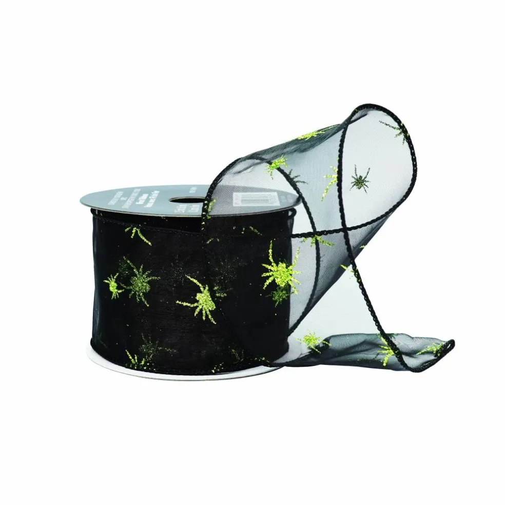 2.5" x 6.6yd. Black & Green Glitter Spiders Wired Sheer Ribbon by Celebrate It®