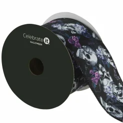 2.5" x 6.6yd. Black Skulls & Roses Wired Ribbon by Celebrate It®
