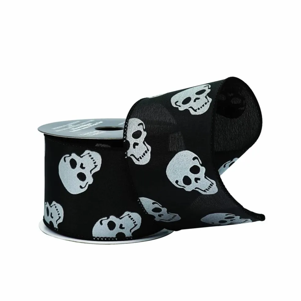 2.5" x 6.6yd. Black & White Skulls Wired Ribbon by Celebrate It®