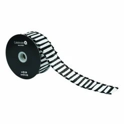 1.5" x 10yd. Black & White Stripes Pom Pom Edged Wired Faux Linen Ribbon by Celebrate It®