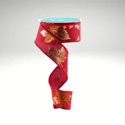 1.5"x10yd Burgundy Fall Foil Maple Leaf Wired Ribbon – Autumn Craft & Wreath Supply-RGE147605