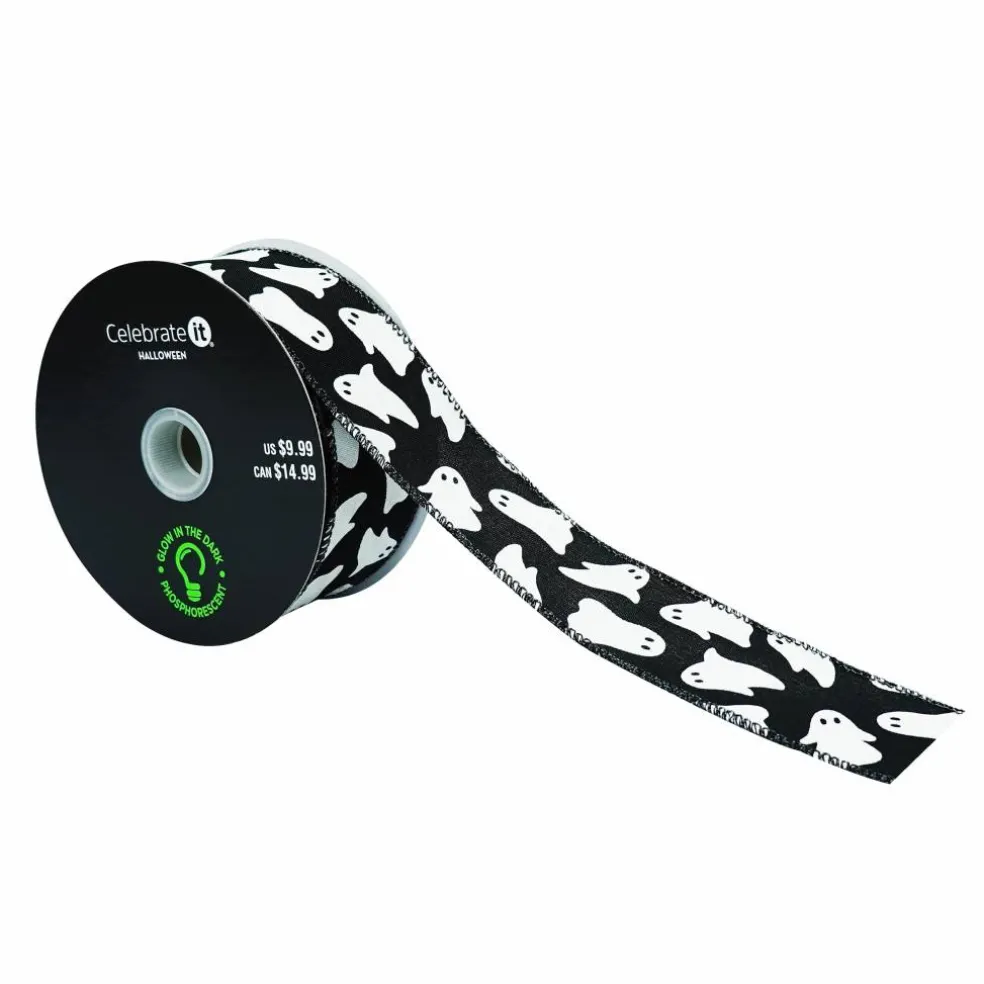 1.5" x 10yd. Glow-in-the-Dark Ghosts Wired Pongee Ribbon by Celebrate It®