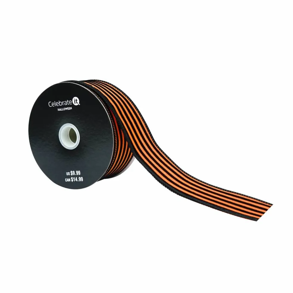 1.5" x 10yd. Orange & Black Flocked Stripes Wired Ribbon by Celebrate It®