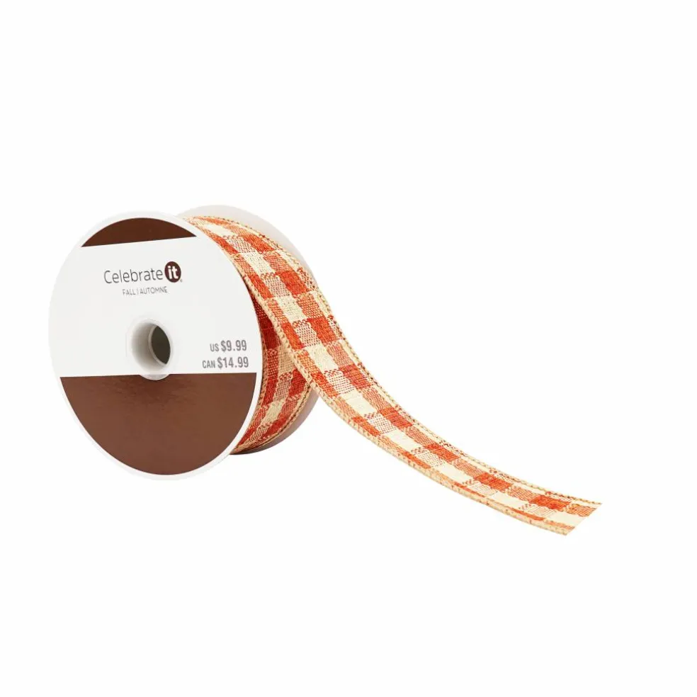 1.5" x 10yd. Orange Plaid Check Wired Ribbon by Celebrate It®