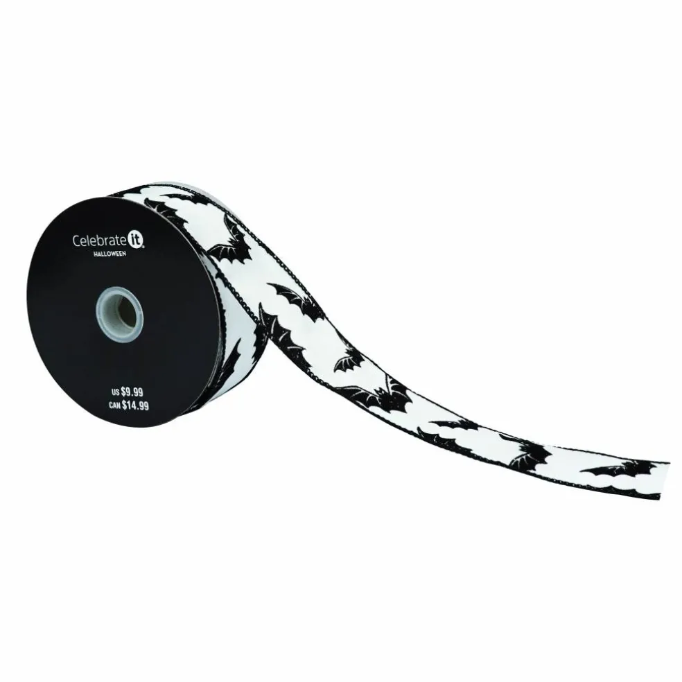 1.5" x 10yd. White & Black Bats Wired Taffeta Ribbon by Celebrate It®